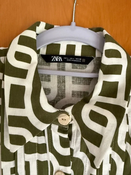 Zara Olive Green and White Geometric Long Sleeve Dress - Picture 2 of 4